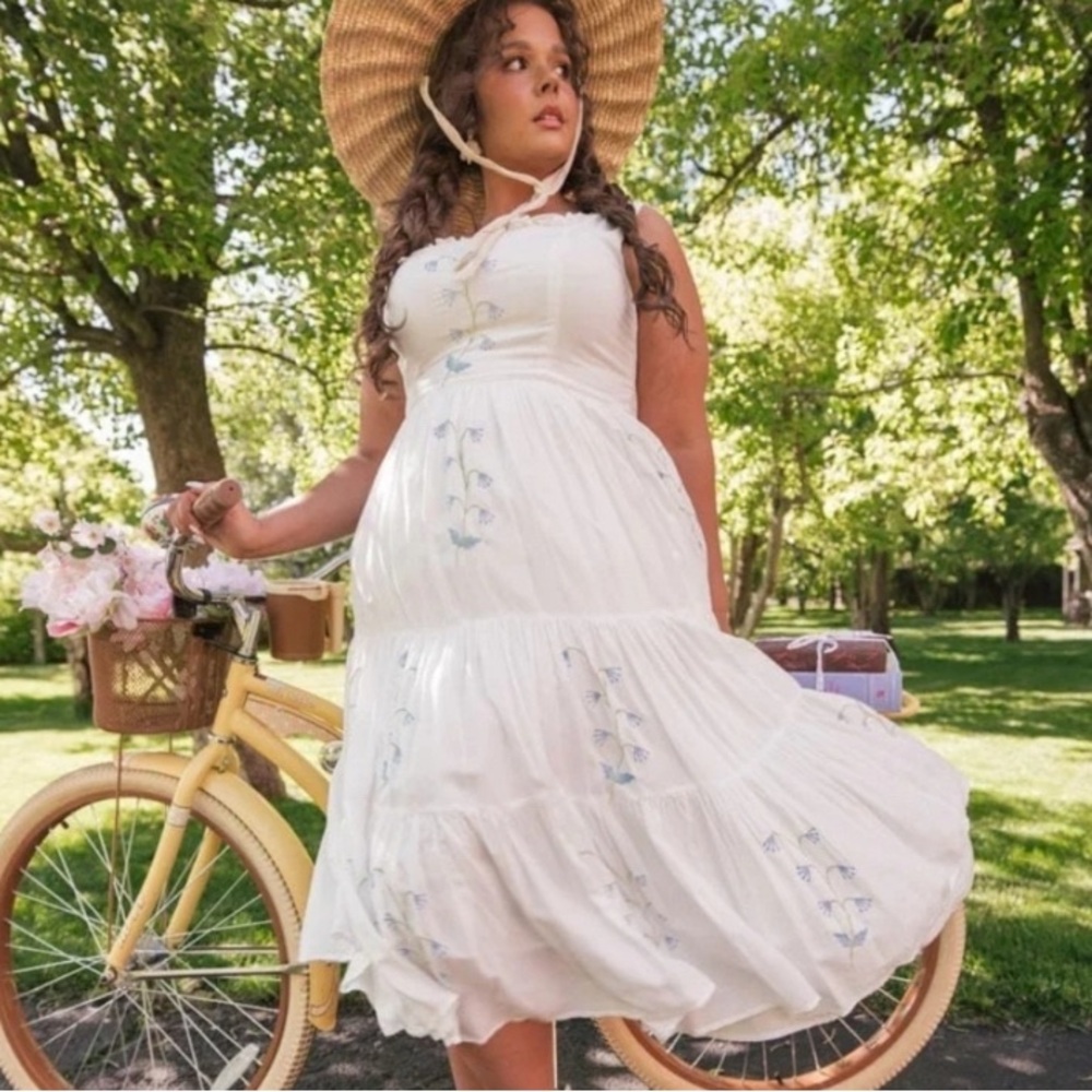 JessaKae White Midi Sundress with Light Blue Floral Embroidery